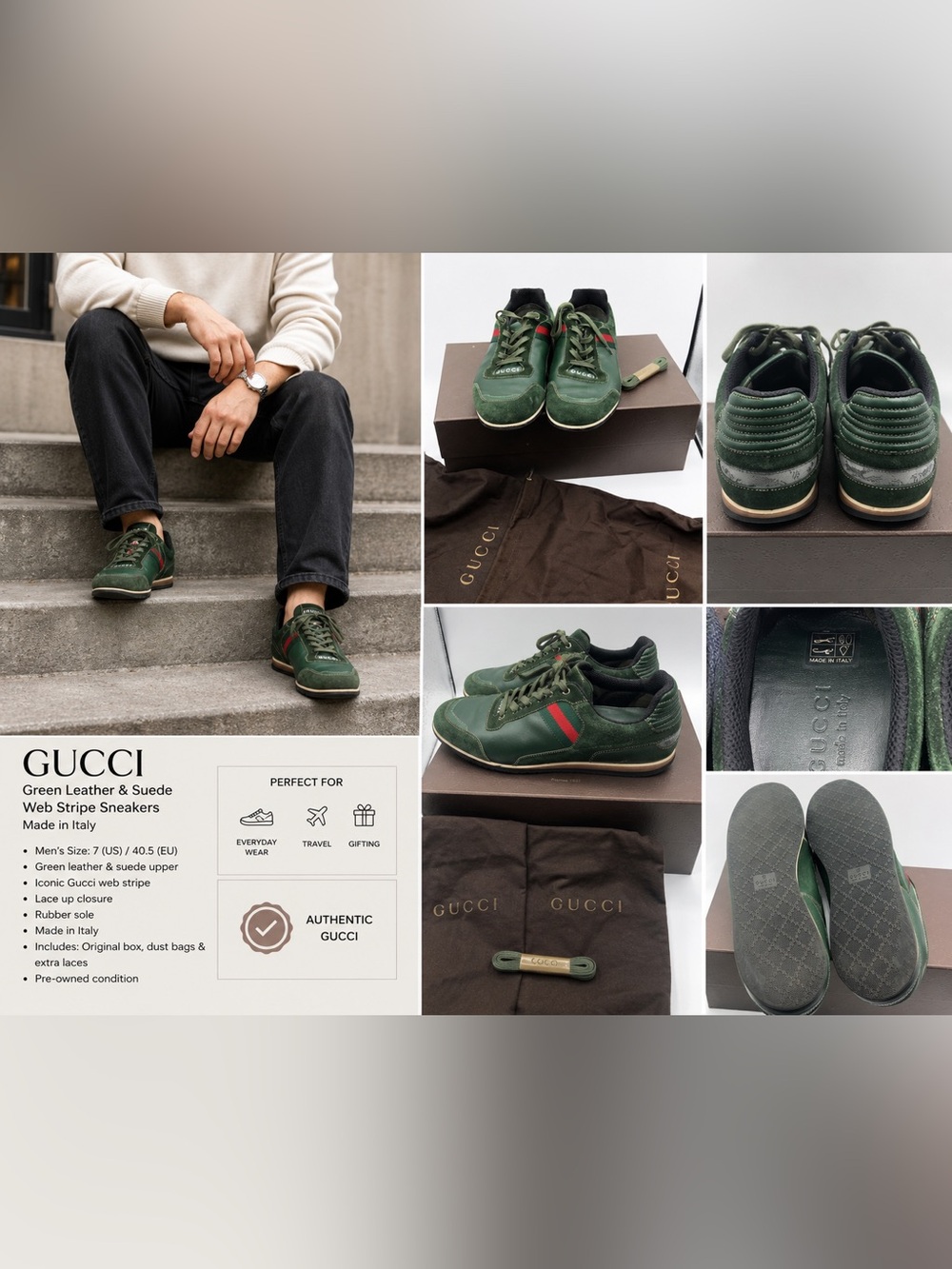Gucci Green Leather Suede Web Stripe Lace Up Sneakers Mens 7-7.5 Made in Italy